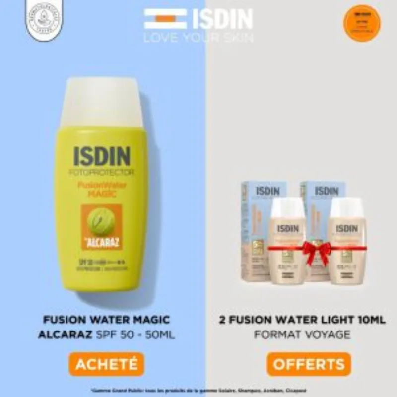 ISDIN Photoprotector Fusion Water Magic d’Alcaraz SPF 50 = 2 Fusion Water Light 10ml Offerts –  | Parasativa Maroc