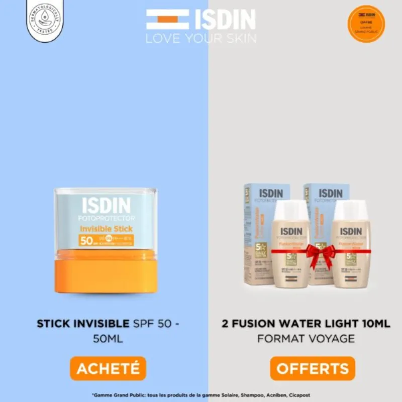 ISDIN Fotoprotecteur Stick Invisible Spf50 10g = 2 Miniatures Fusion Water Light 10ml Offertes –  | Parasativa Maroc