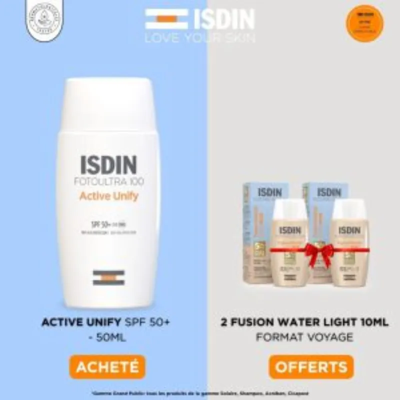 ISDIN Foto ultra active unify Transparent spf50+ 50ml = 2 Fusion Water Light 10ml Offertes –  | Parasativa Maroc