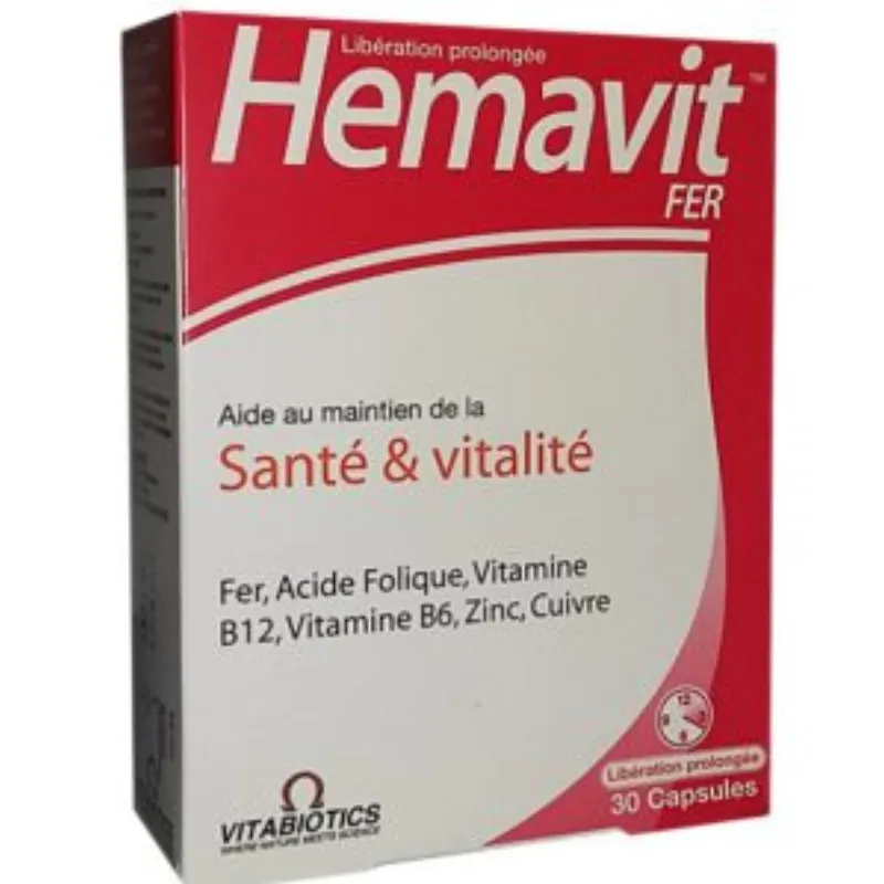 Vitabiotics – Hemavit Fer Santé et Vitalité – 30 capsules –  | Parasativa Maroc