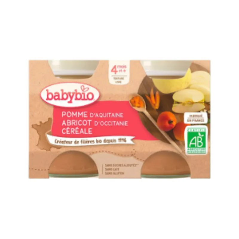 BABYBIO PETIT POT POMME ABRICOT CEREALES 2 x 130G –  | Parasativa Maroc