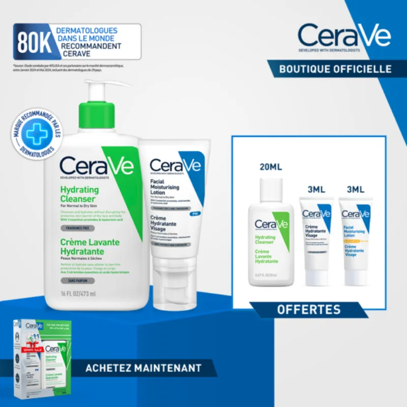 CeraVe Crème Lavante Hydratante Peau Normale à Sèche 473ml + Crème Hydratante = 3 Miniatures Offertes –  | Parasativa Maroc