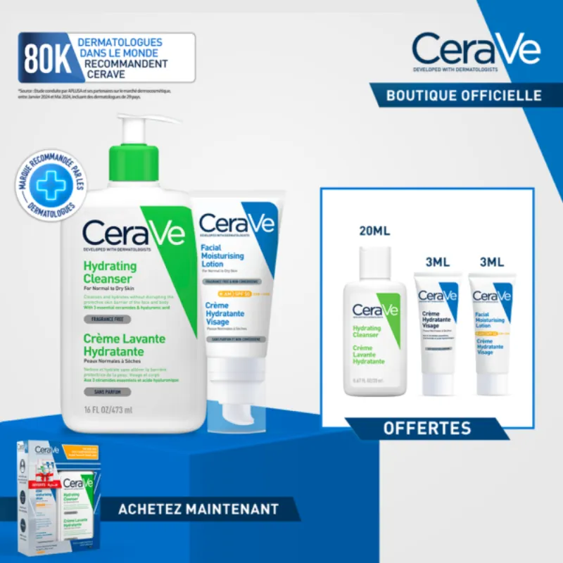 CeraVe Crème Lavante Hydratante Peau Normale à Sèche 473ml + Crème Hydratante Spf50 = 3 Miniatures Offertes –  | Parasativa Maroc