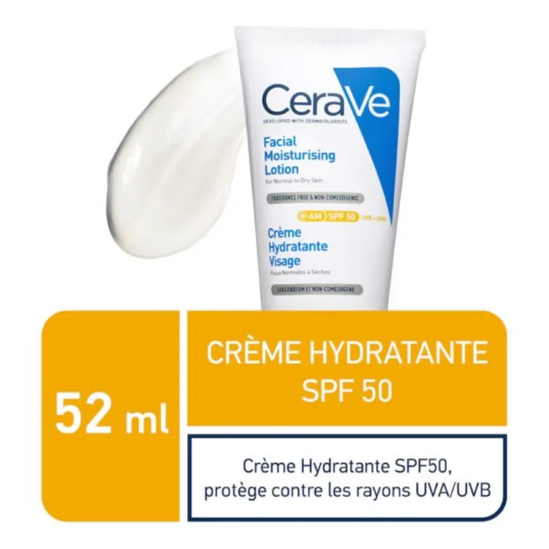 CeraVe Crème hydratante visage SPF50 Peaux Normales à Sèches | 52ml –  | Parasativa Maroc