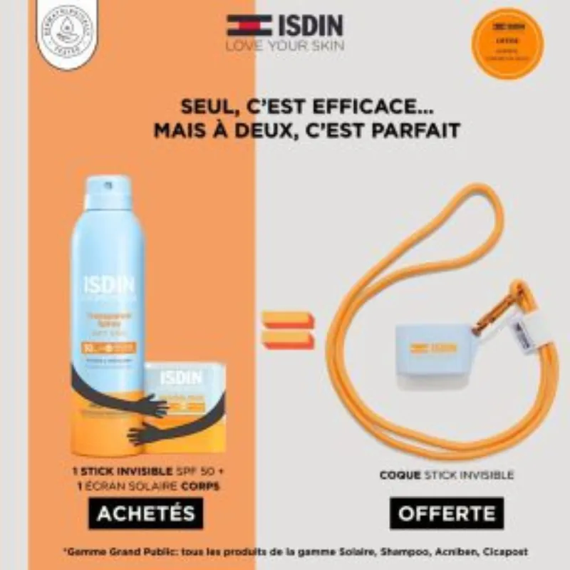 ISDIN Fotoprotector spray transparent adulte spf50 250ml + ISDIN Fotoprotector Invisible Stick SPF50 10g = Coque stick invisible OFFERTE –  | Parasativa Maroc