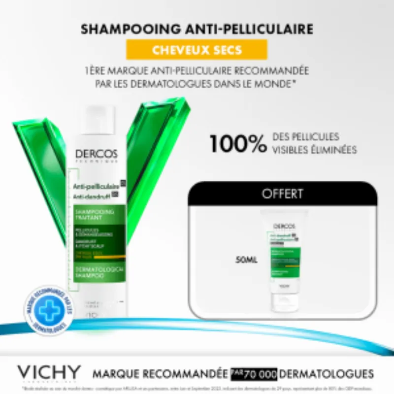 Vichy Dercos Shampoing Traitant Anti-Pelliculaire Cheveux Secs | 200ml = 1 Shampooing miniature Offert –  | Parasativa Maroc