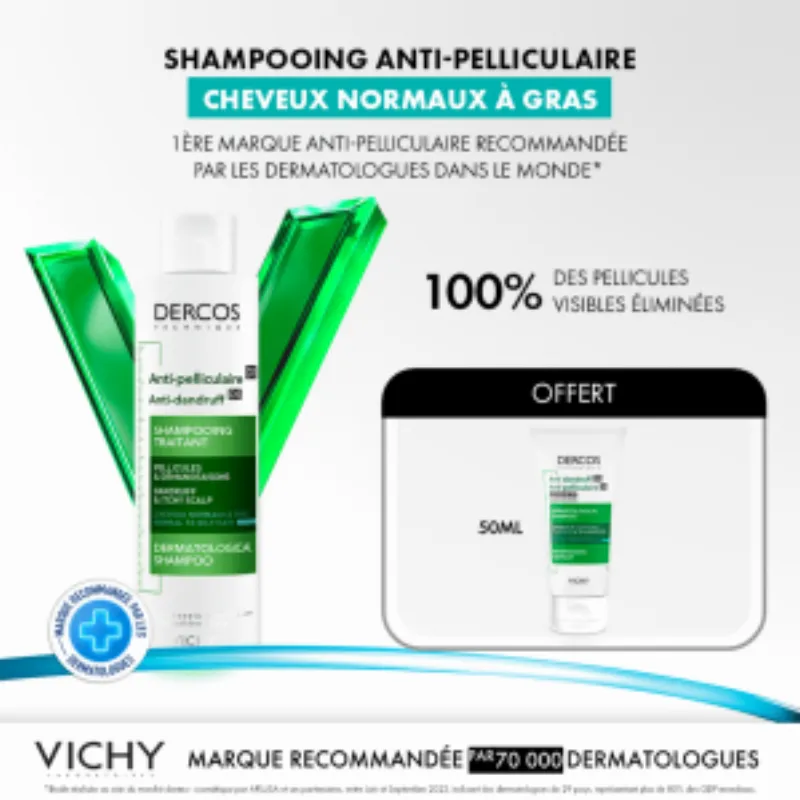 Vichy Dercos Shampoing Traitant Anti-Pelliculaire Cheveux Gras | 200ml = 1 Shampooing miniature Offert –  | Parasativa Maroc