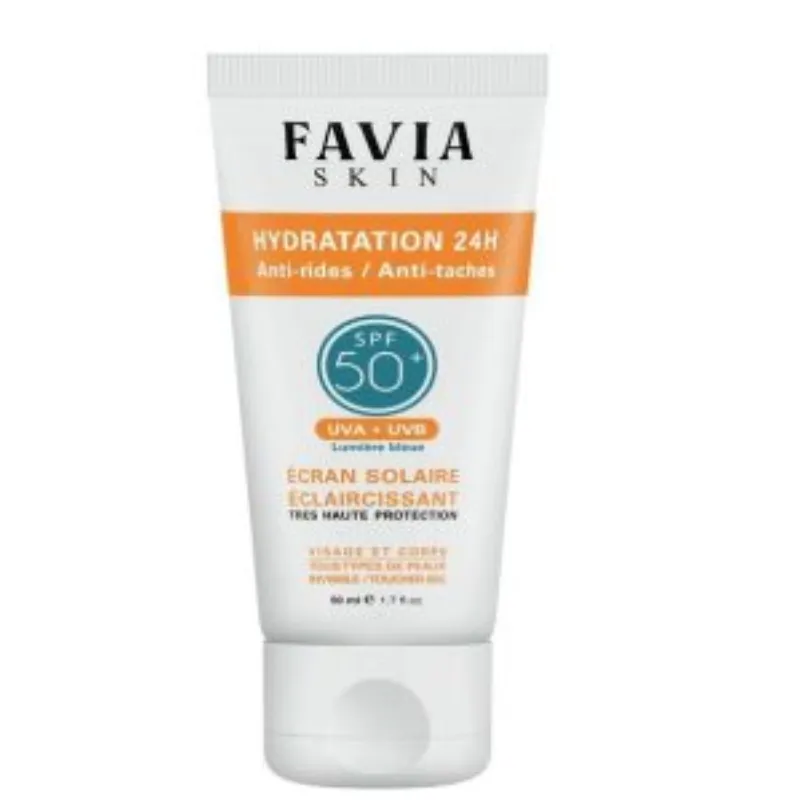 FAVIA DERMATOLOGIE SKIN ÉCRAN SOLAIRE ÉCLAIRCISSANT SPF50 HYDRATATION 24H, ANTI-RIDES / ANTI-TACHES 50ml –  | Parasativa Maroc