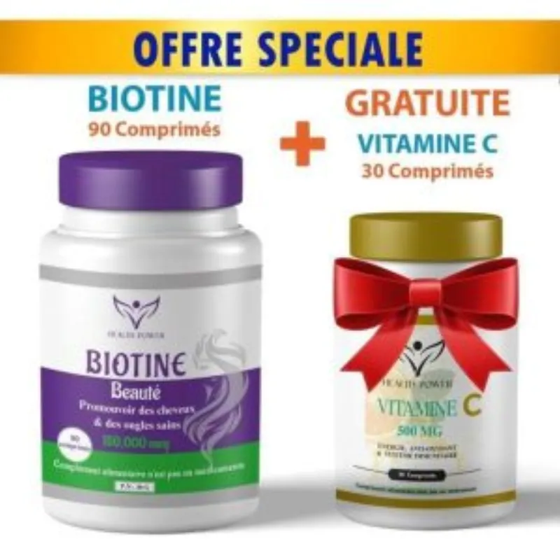 HEALTH POWER BIOTINE Beauté 90 Comprimés + Vitamine C 30 Comprimés OFFERT –  | Parasativa Maroc