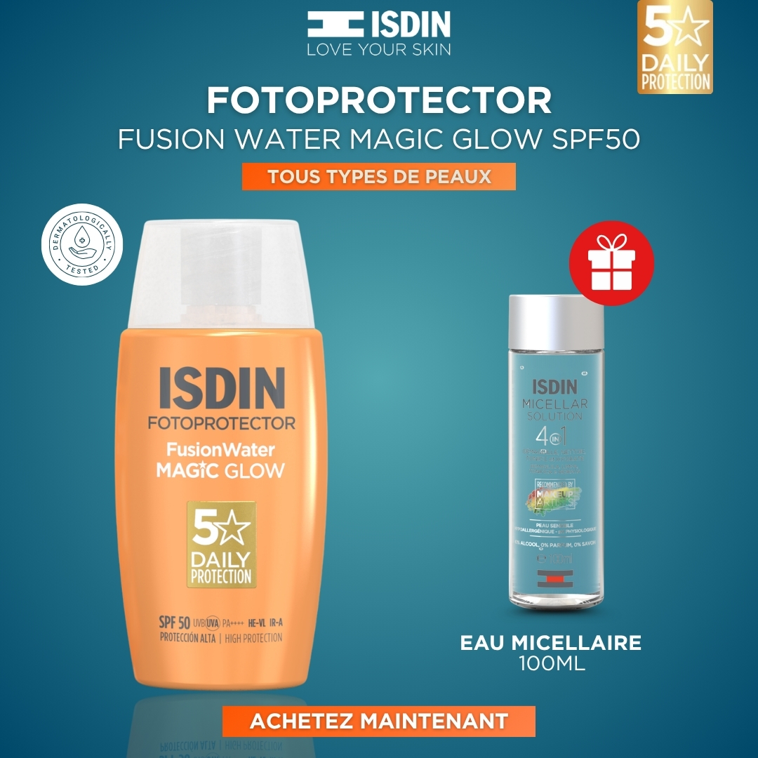 ISDIN FOTOPROTECTOR FUSION WATER MAGIC GLOW SPF50 50ML + EAU MICELLAIRE 100ML OFFERTE –  | Parasativa Maroc