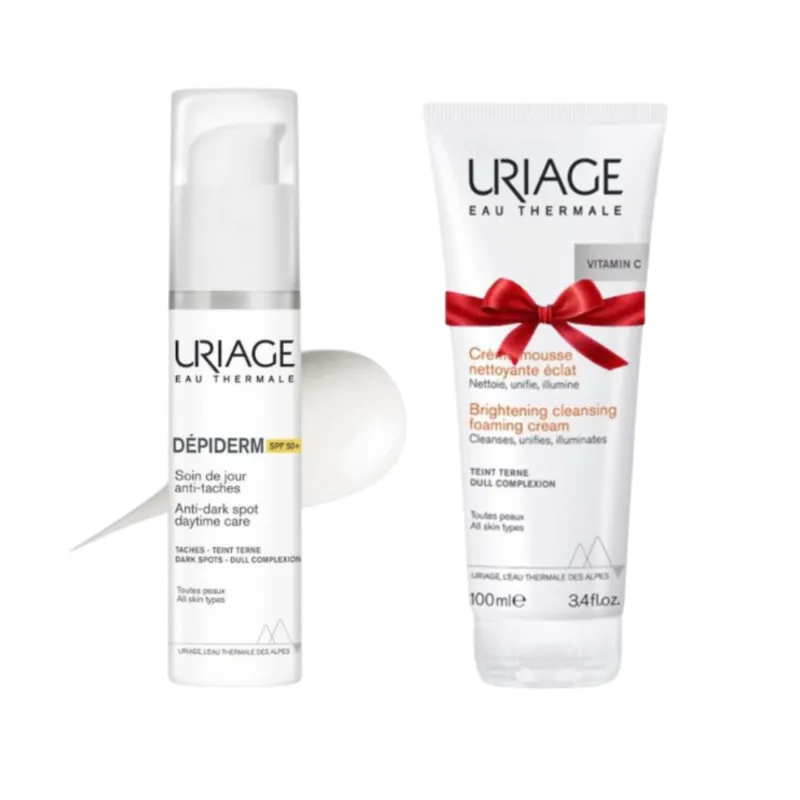 URIAGE COFFRET DEPIDERM SPF 50 SOIN DE JOUR HAUTE PROTECTION ANTI-TACHES BRUNES 30ML + URIAGE DEPIDERM CREME MOUSSE NETTOYANTE