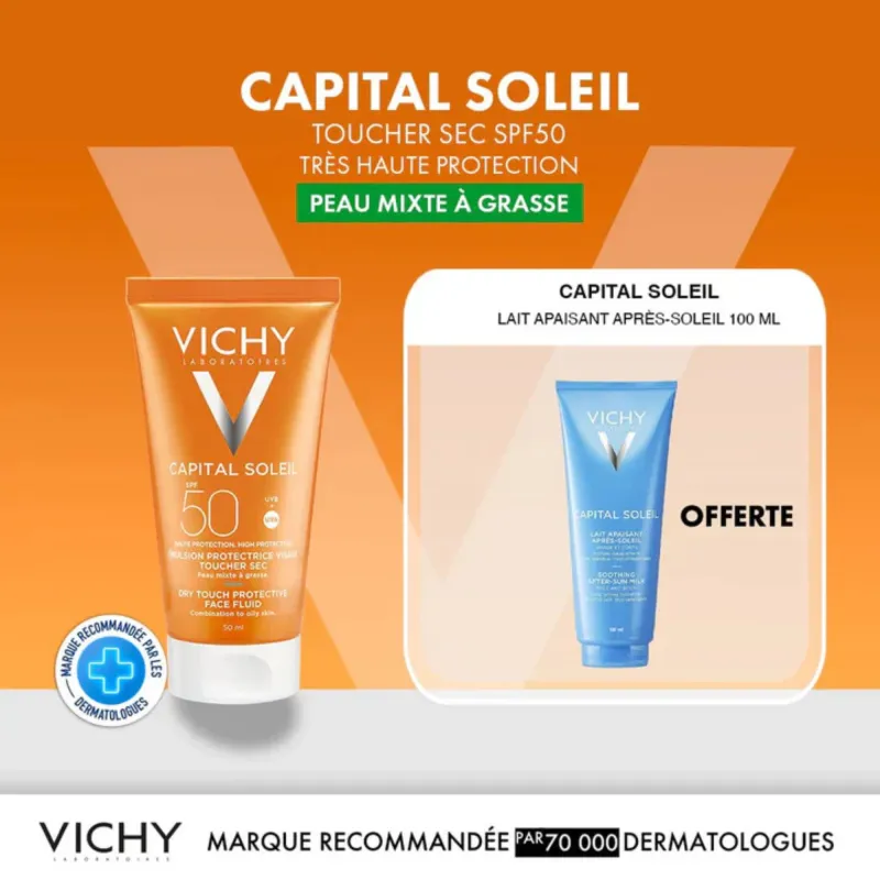 VICHY CAPITAL SOLEIL ÉMULSION TOUCHER SEC SPF50 50ML + LAIT APRÈS-SOLEIL OFFERT
